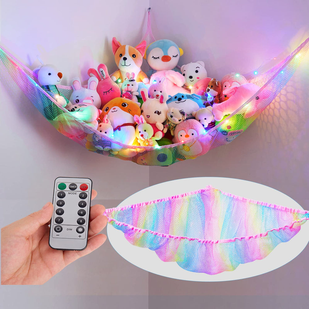 Unicorn Castle stuffed animal net hammock with LED glow for organized playroom storage.