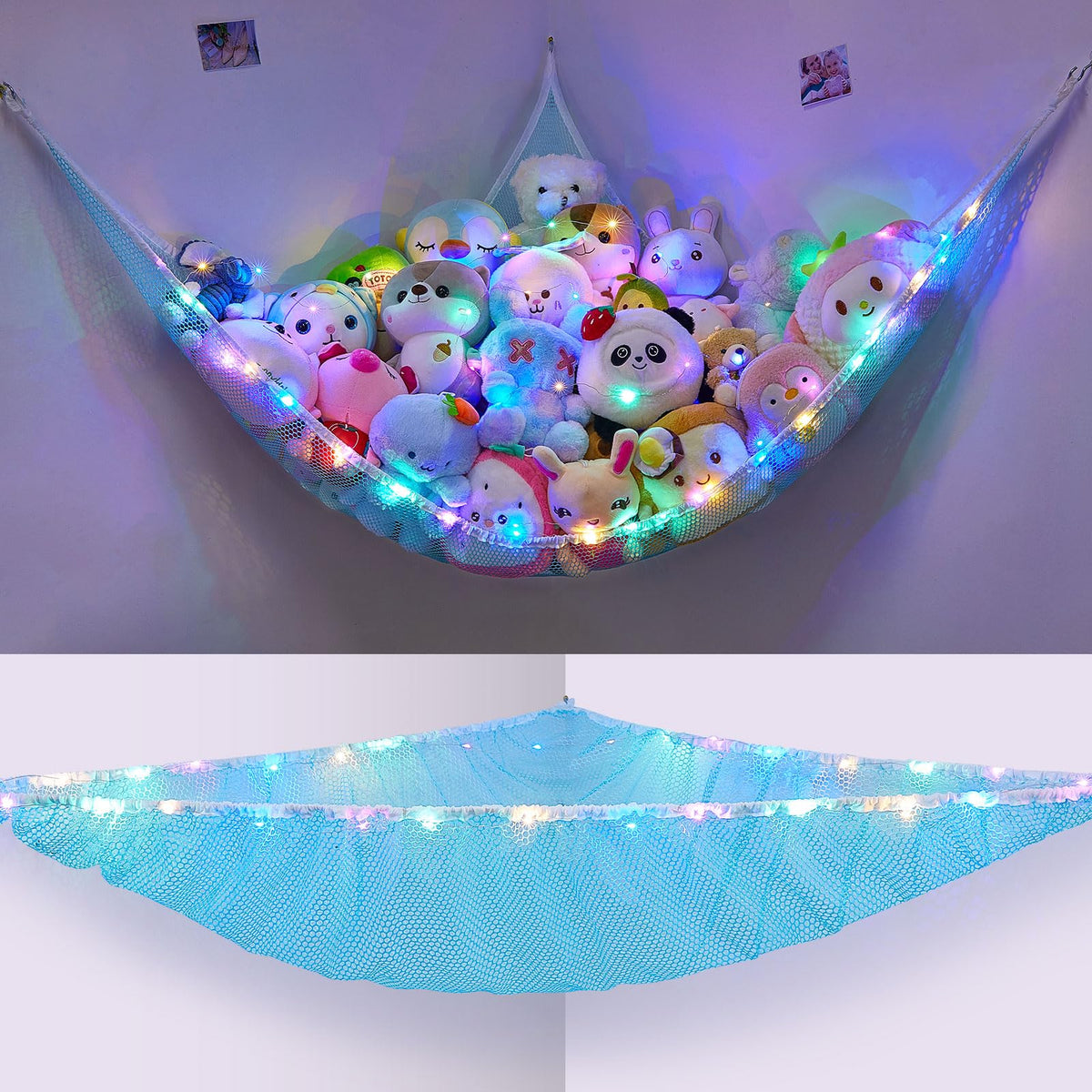 Unicorn Castle stuffed animals hammock with LED light enhances kid's corner decor.