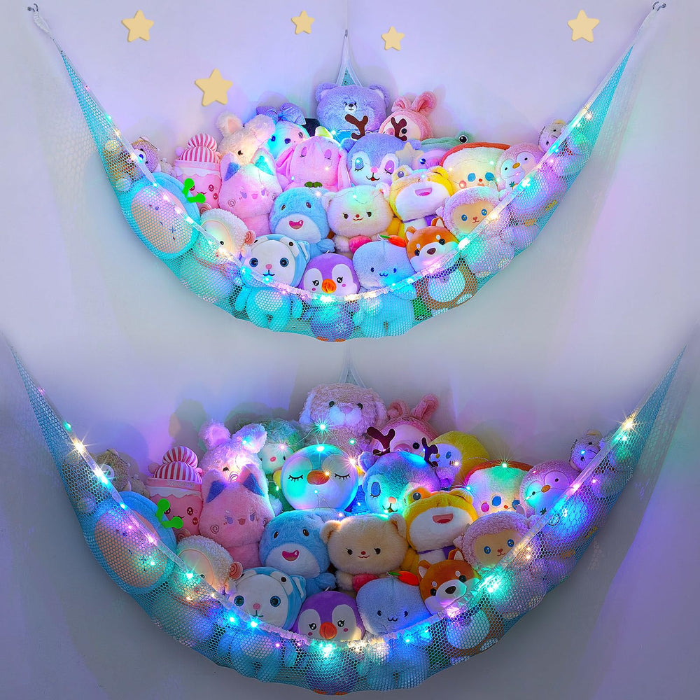 Unicorn Castle stuffed animals hammock in blue offers space-saving corner storage for kids.
