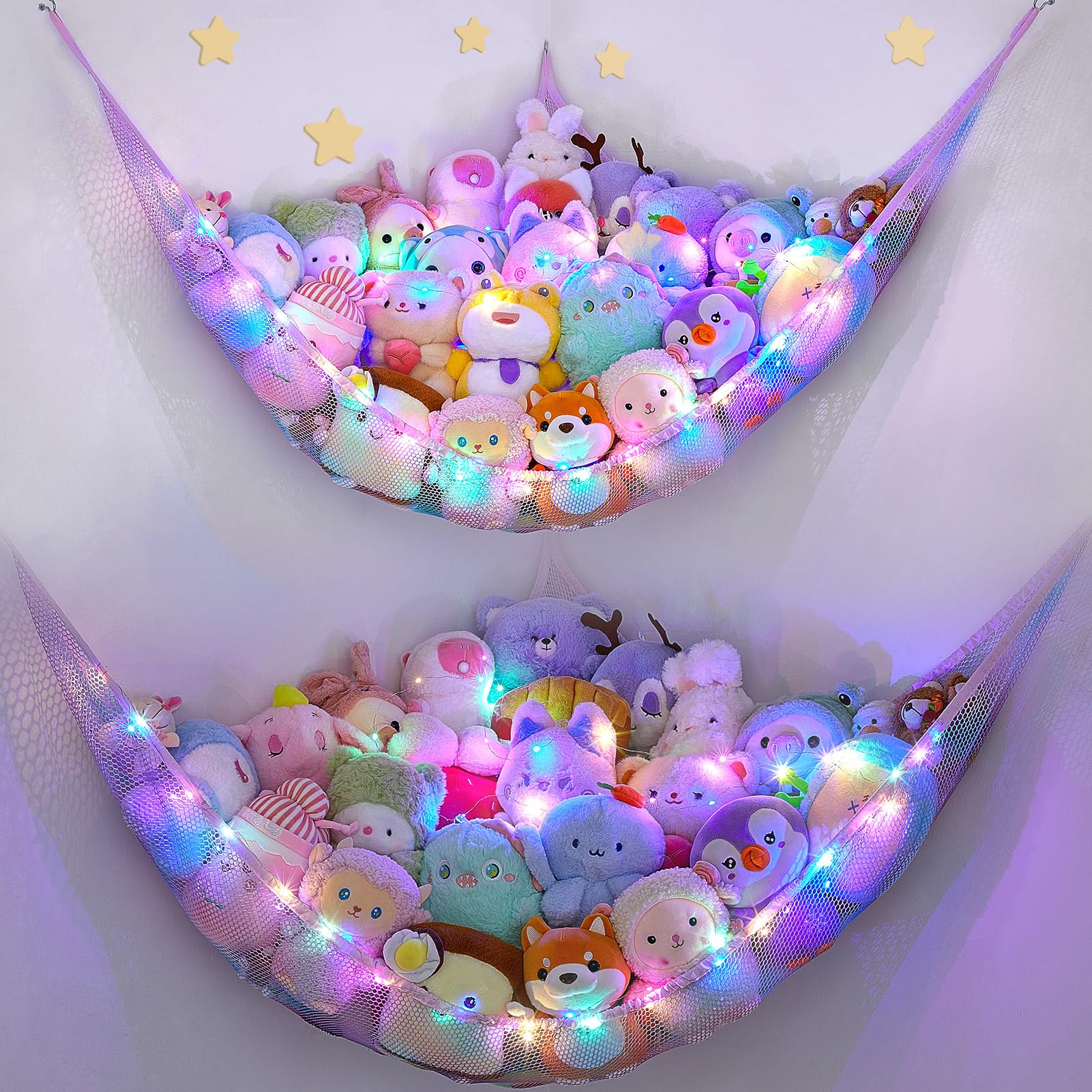 Unicorn Castle stuffed animals net setup saving corner space for toys