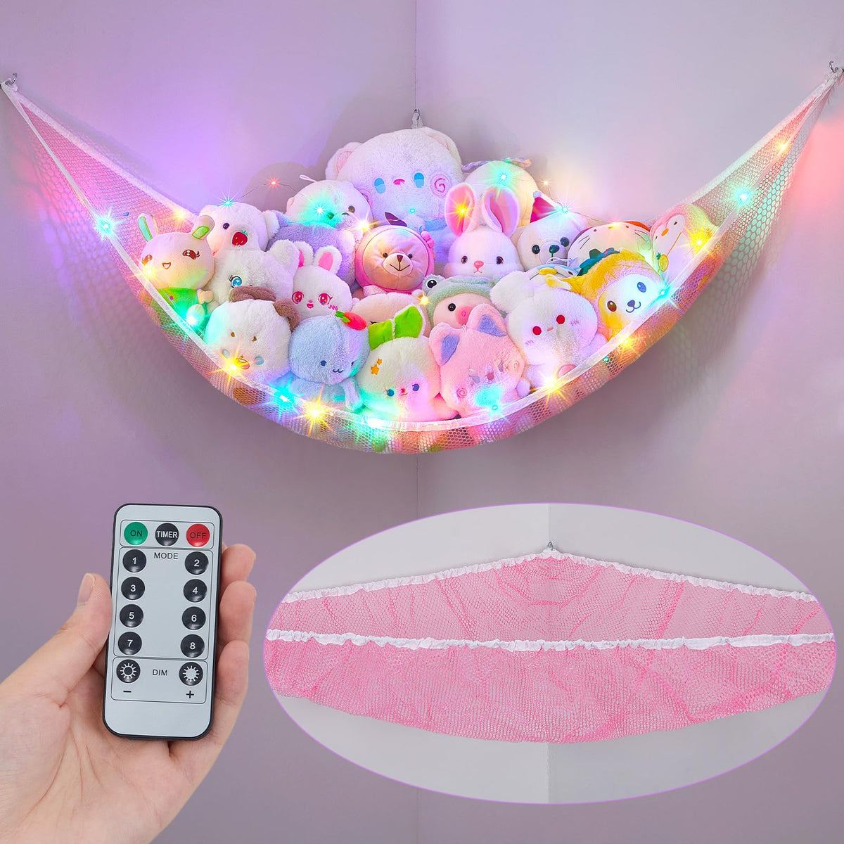 Unicorn Castle stuffed animals net hammock with LED light keeps plush organized and accessible.