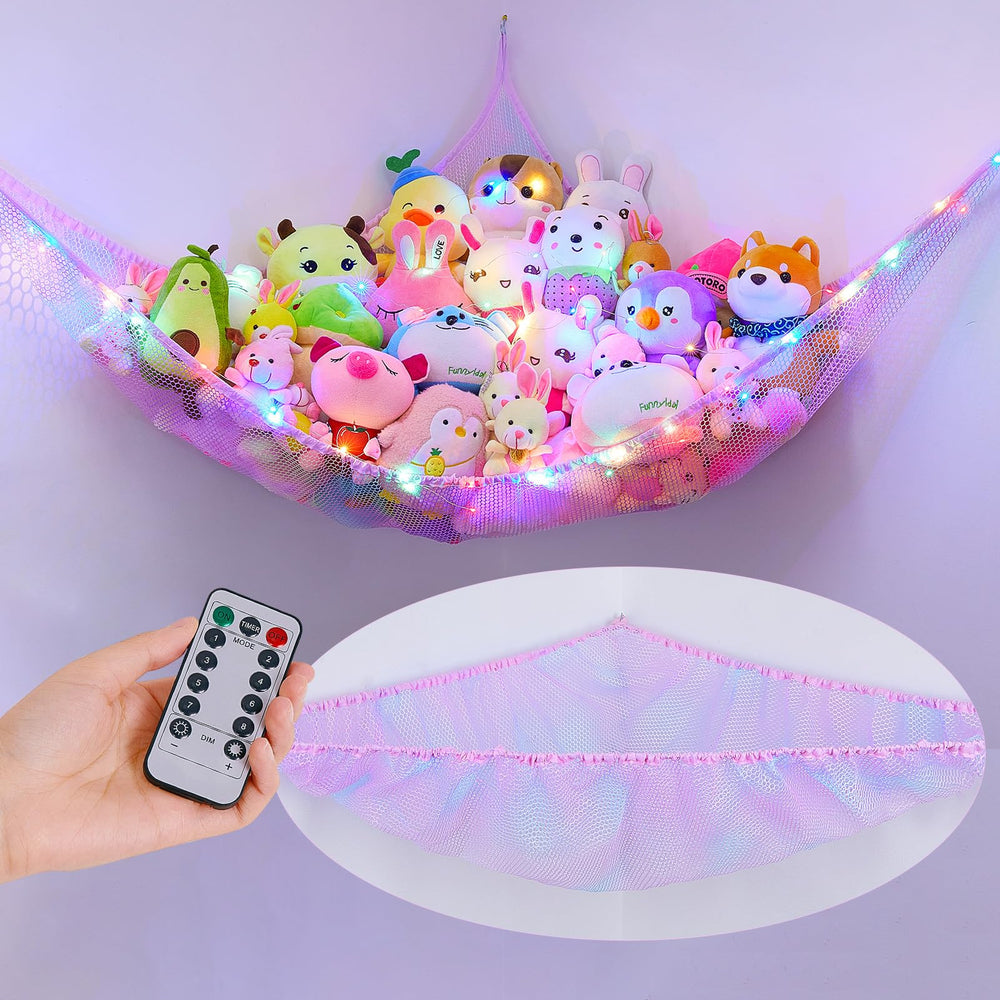 Unicorn Castle net hammock with LED light keeps plush toys organized and glowing.