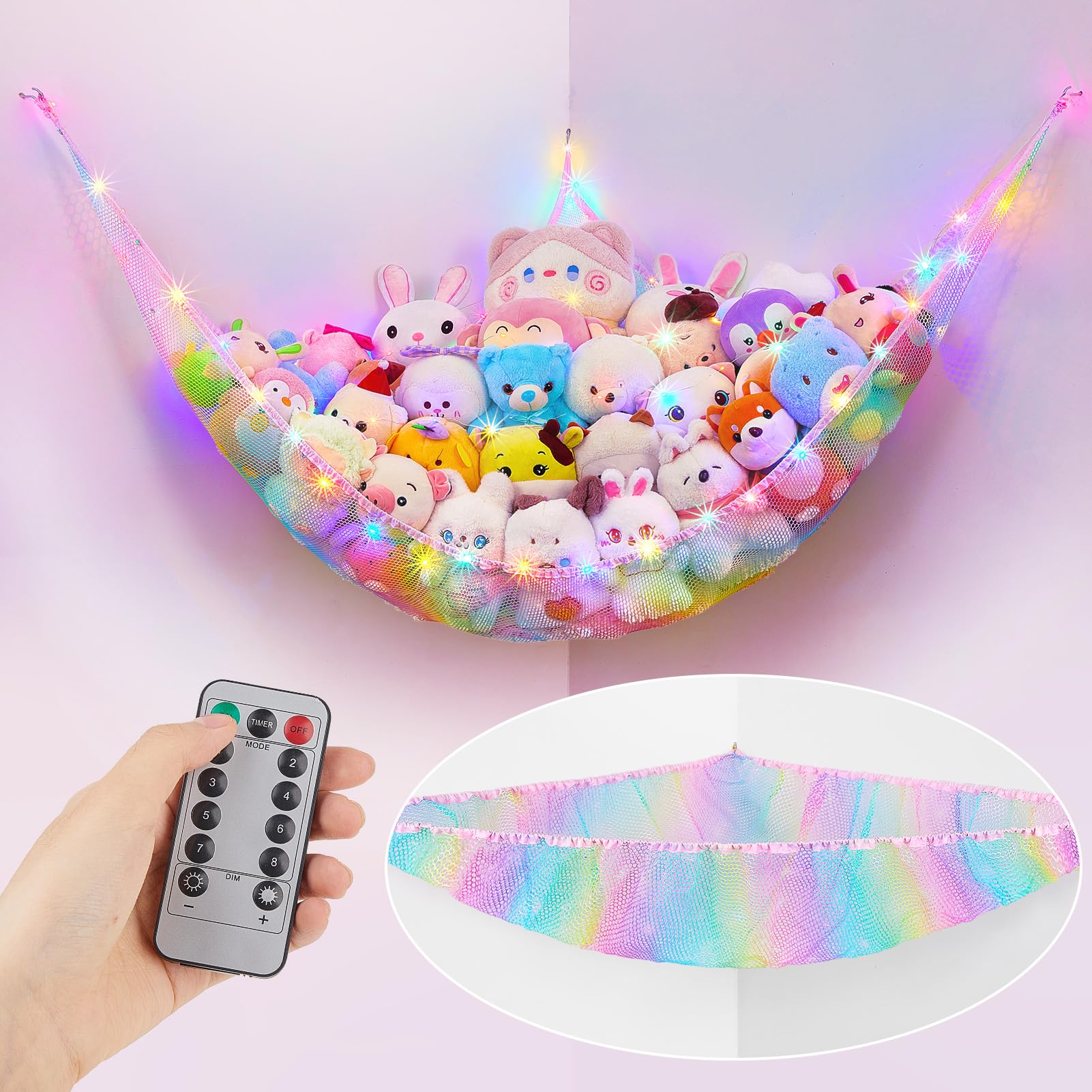 Unicorn Castle stuffed animals net hammock with LED light for organized plush storage