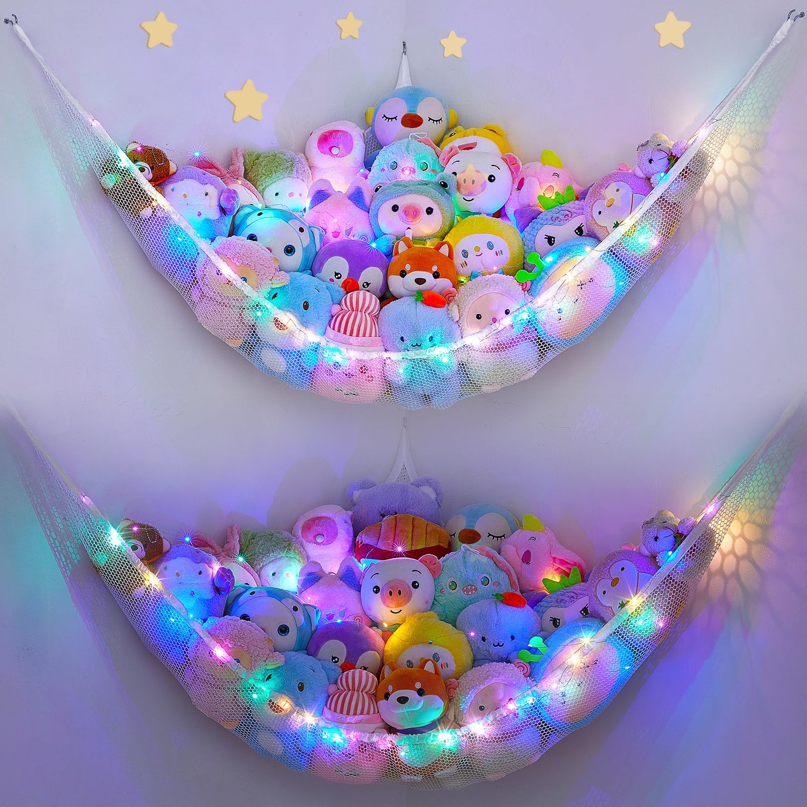Unicorn Castle stuffed animals net hammock for tidy toy storage in kids' room.