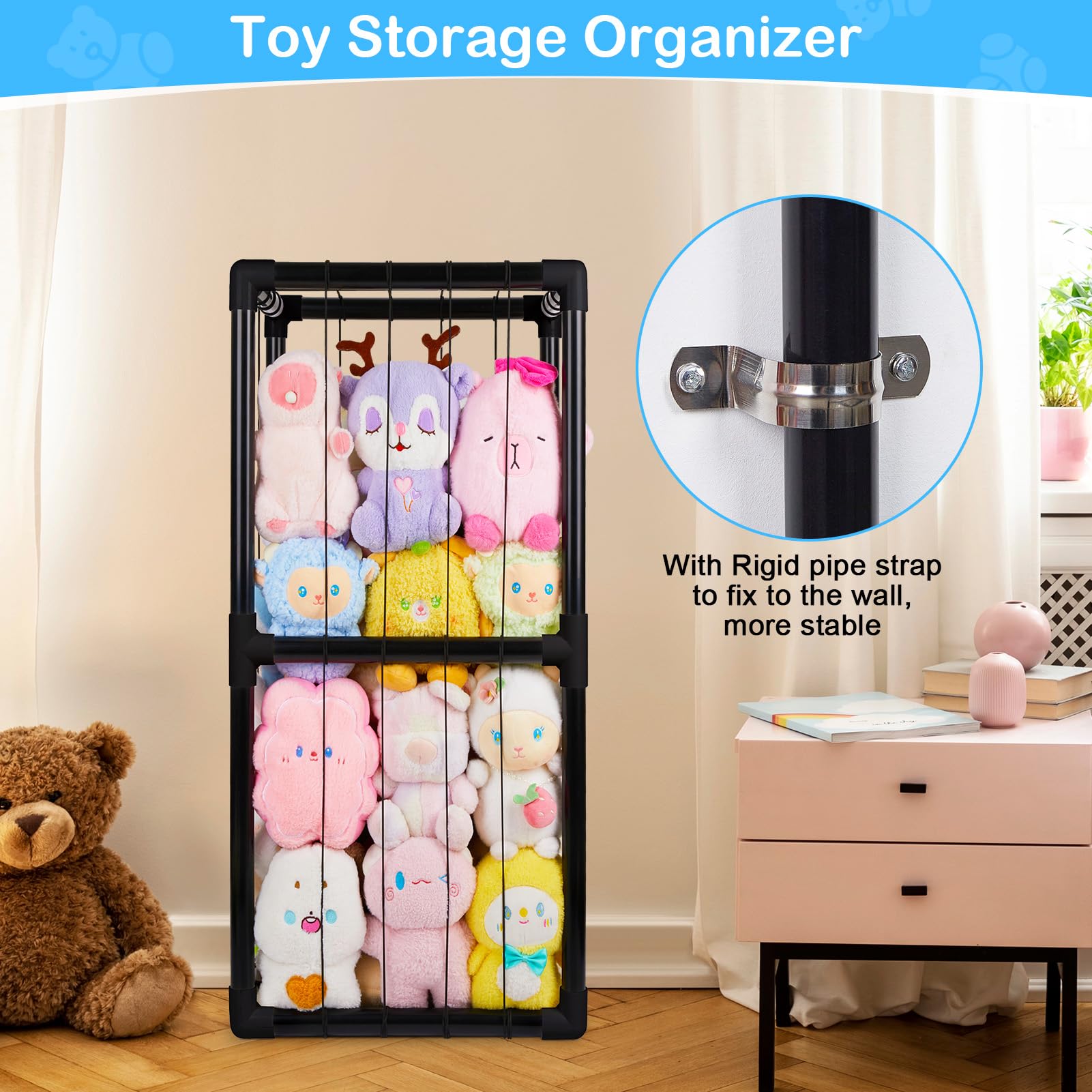 Unicorn Castle storage pipe-tubes shows sturdy frame for plush display.