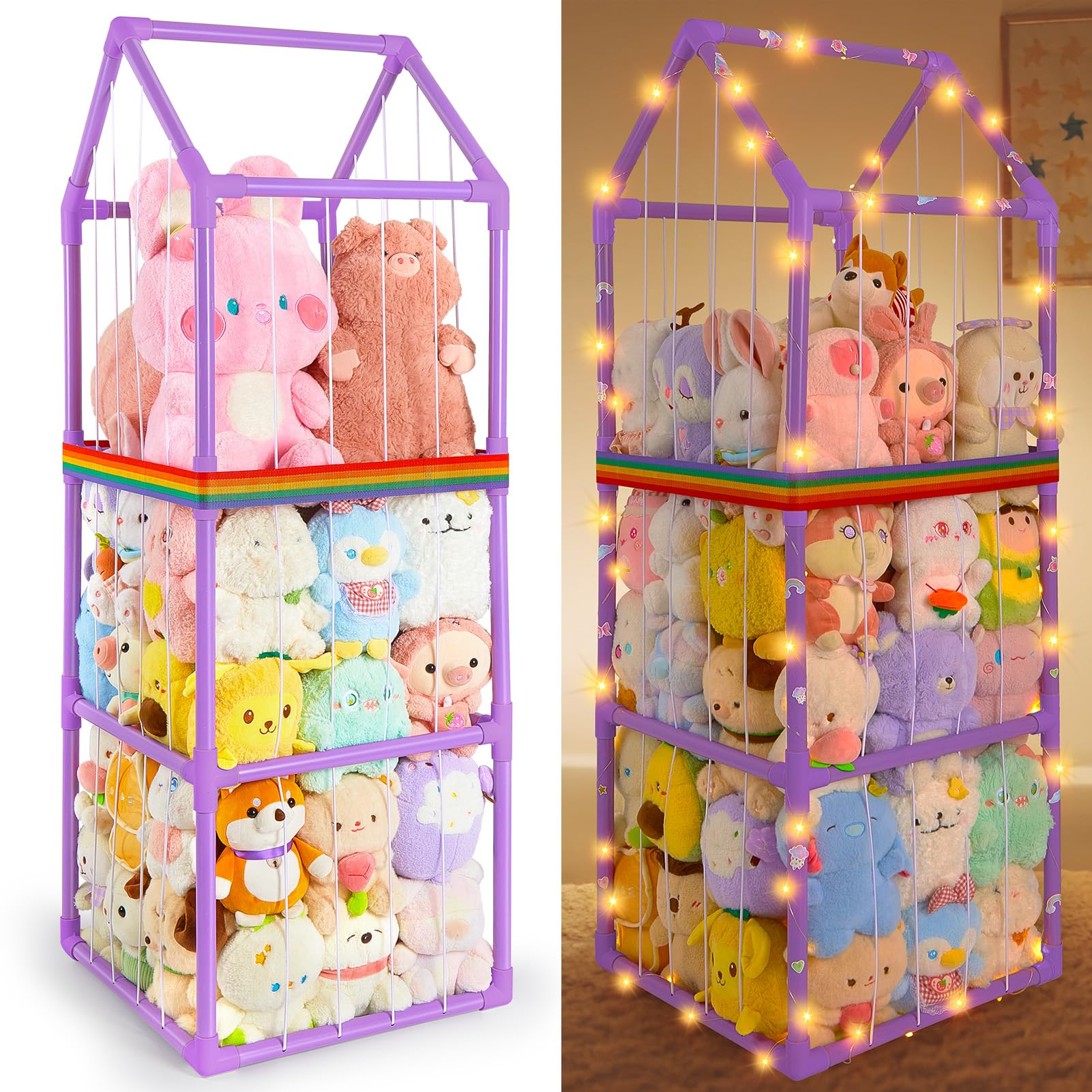 Unicorn Castle stuffed animals storage zoo front view showcases space-saving PVC organizer for plush toys.