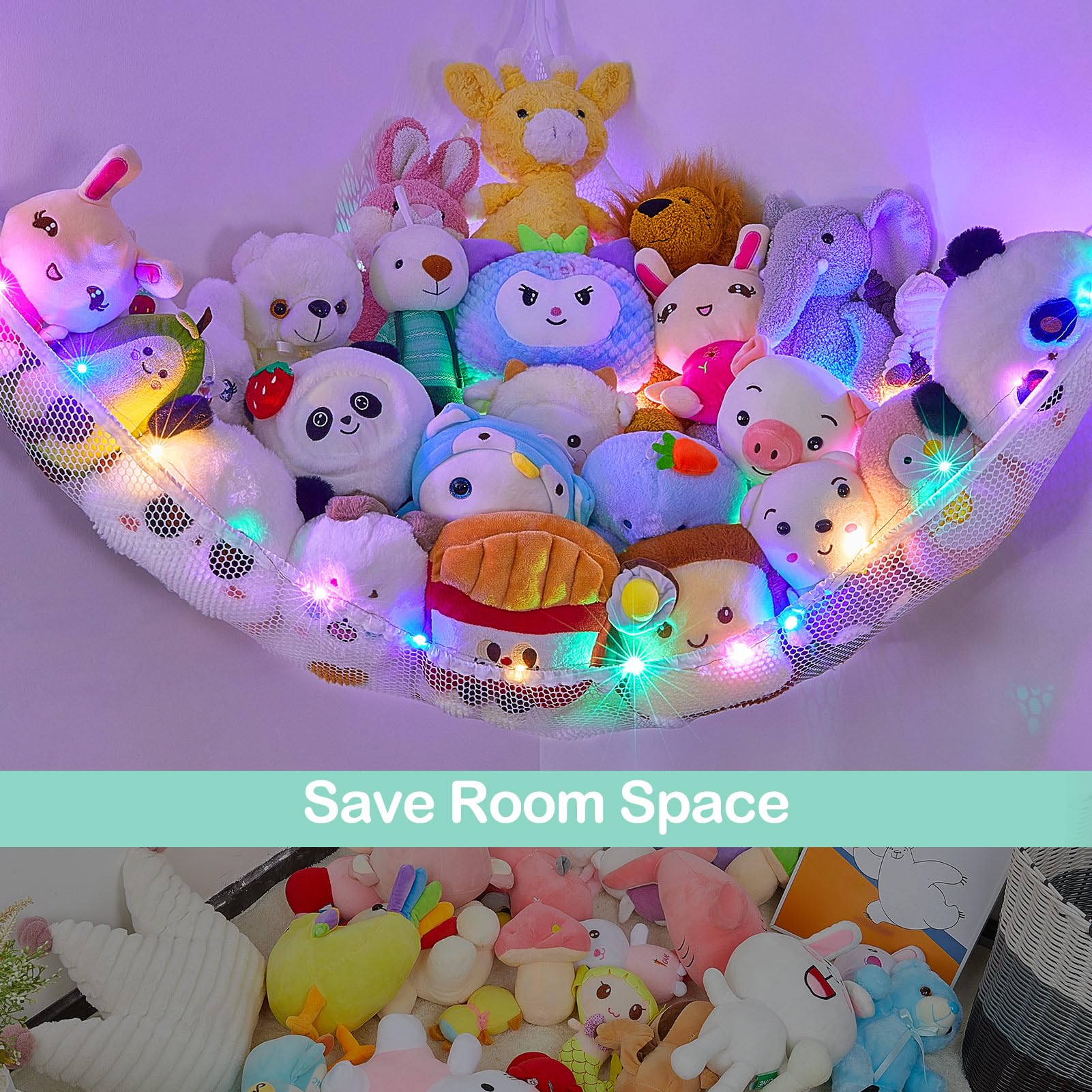 Unicorn Castle toy storage hammock with large capacity for plush toys.
