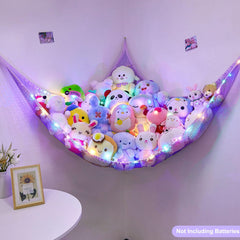 Unicorn Castle toy storage net corner hanger keeps plush toys organized and off the floor.
