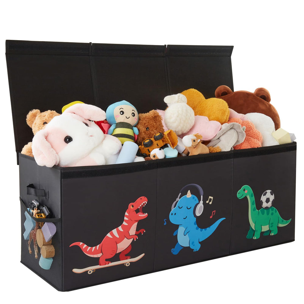 Uniency toy box 150L dinosaur lid for large toy collections and easy access.