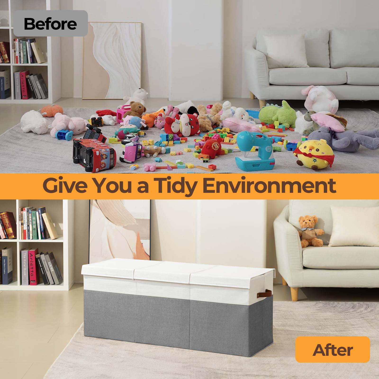 Uniency toy box filled with toys demonstrates spacious interior for plush and blocks.