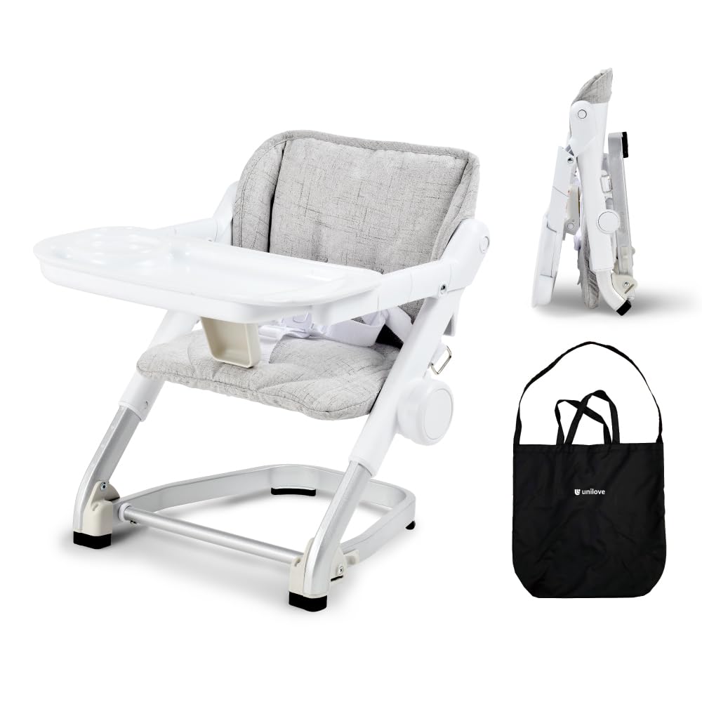 Unilove Feed Me 3-in-1 travel high chair folded for compact storage during trips.