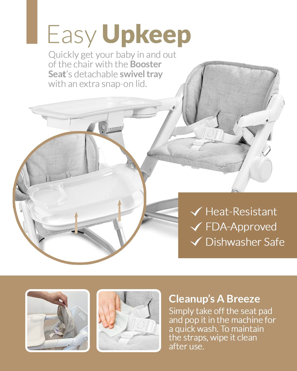 Unilove Feed Me removable linen seat pad simplifies cleanup after meals.