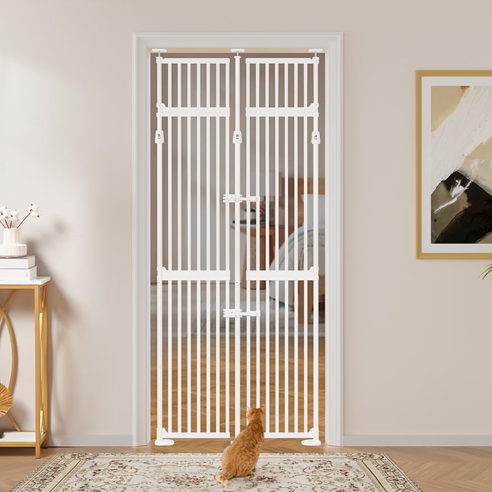 Unipaws 86inch cat gate shows height adjustable fit for tall doorways.