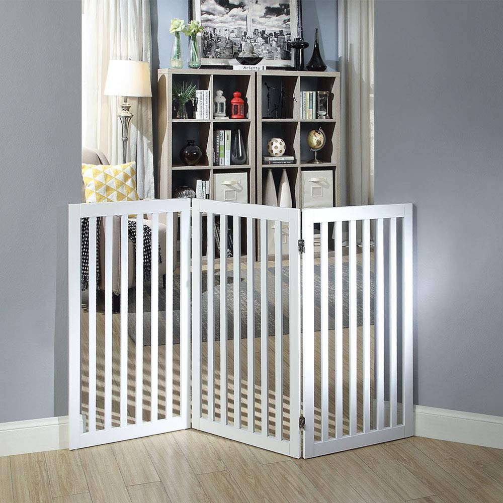 Unipaws white dog gate on stairs helps contain pets safely.