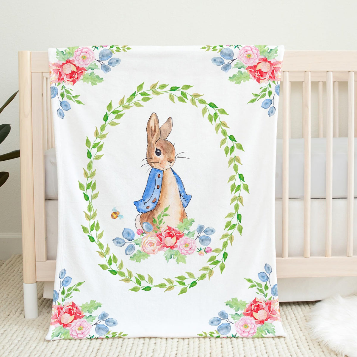 UNIQUE Rabbit ultra-soft fleece blanket front illustration adds cozy nursery style