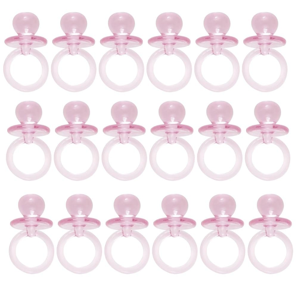 Unique pink acrylic crystal pacifier favor close-up, showcasing table decor sparkle and playful baby-shower charm.