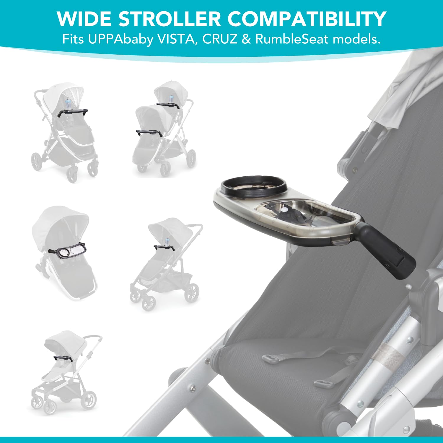 Uniquify Snack Tray cup holder accommodates various sippy cups and juice boxes for convenience.