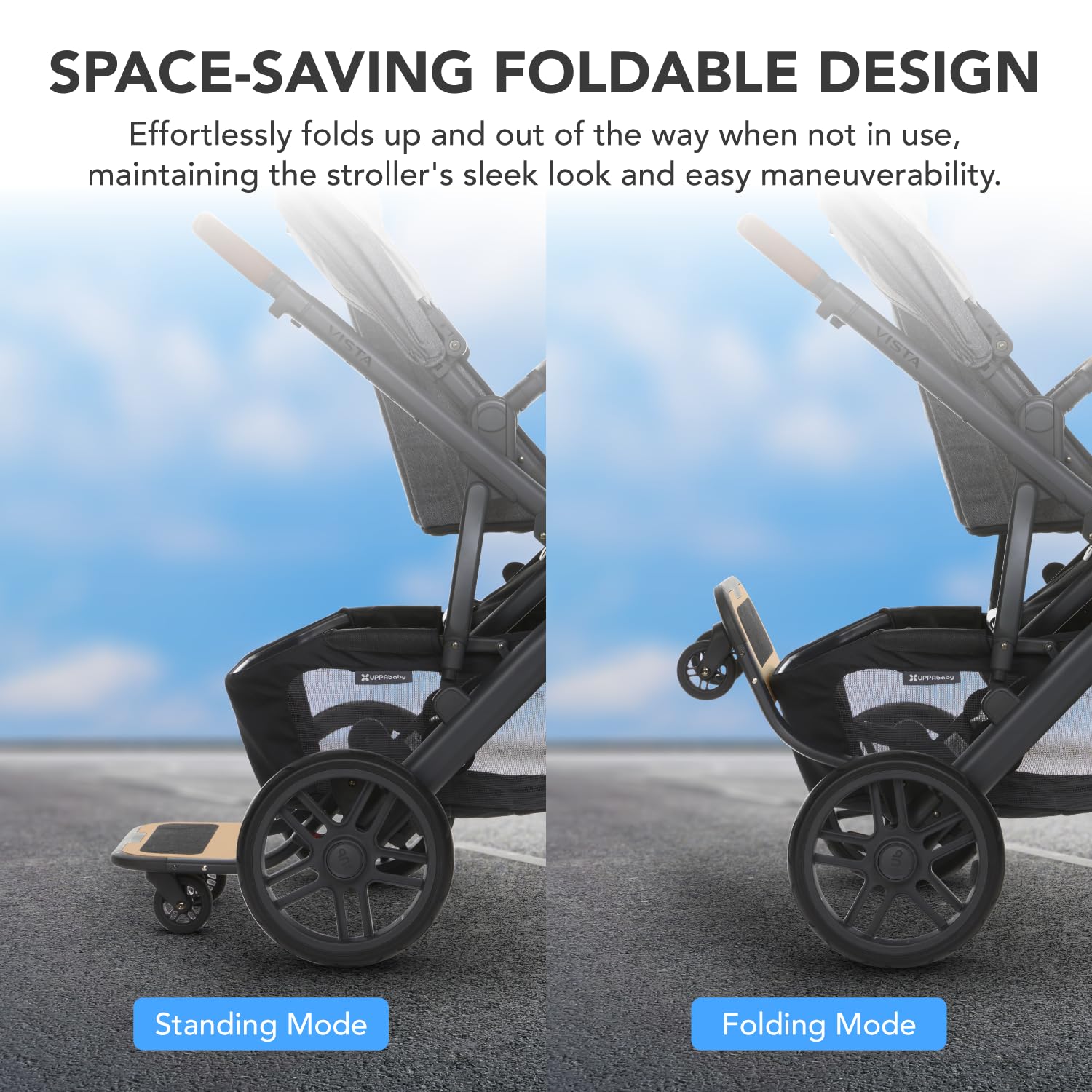 UNIQUIFY board snapped on Uppababy Vista with quick-install.