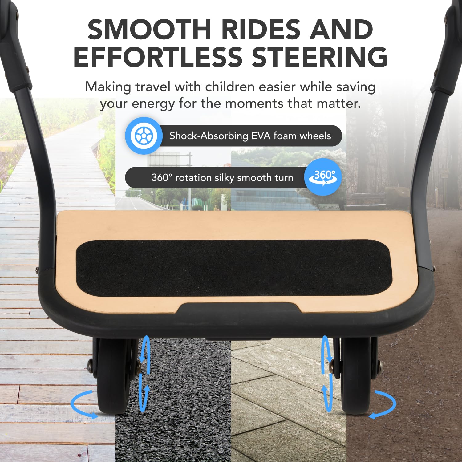 UNIQUIFY board shows toddler riding along during a family stroll.