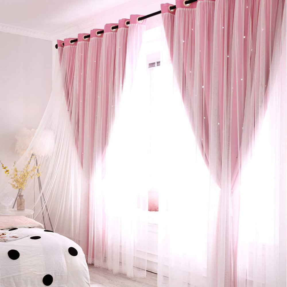UNISTAR double-layer blackout pink curtain with grommets for light control.