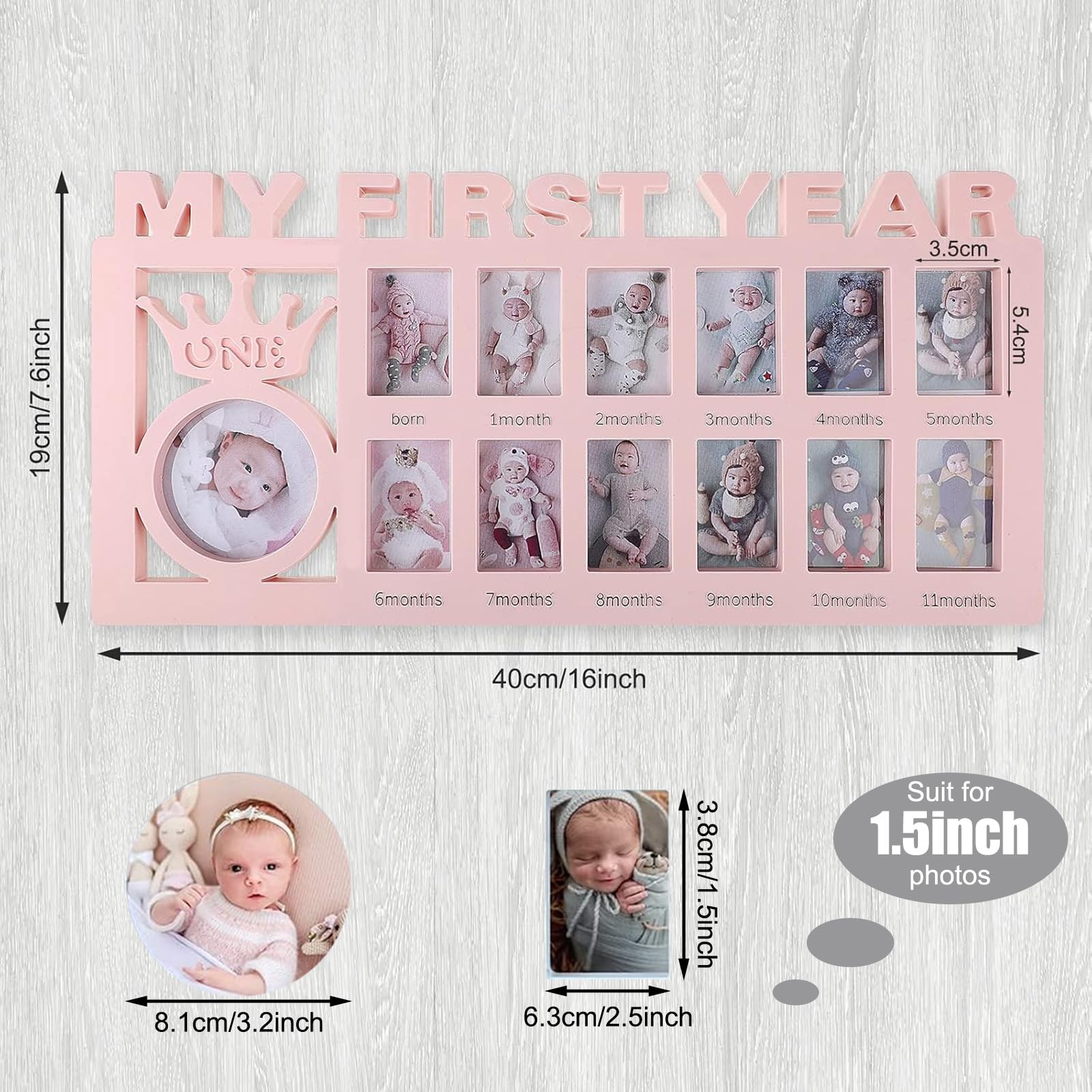 Unittype frame showing monthly slots for baby growth milestones in a tidy display.
