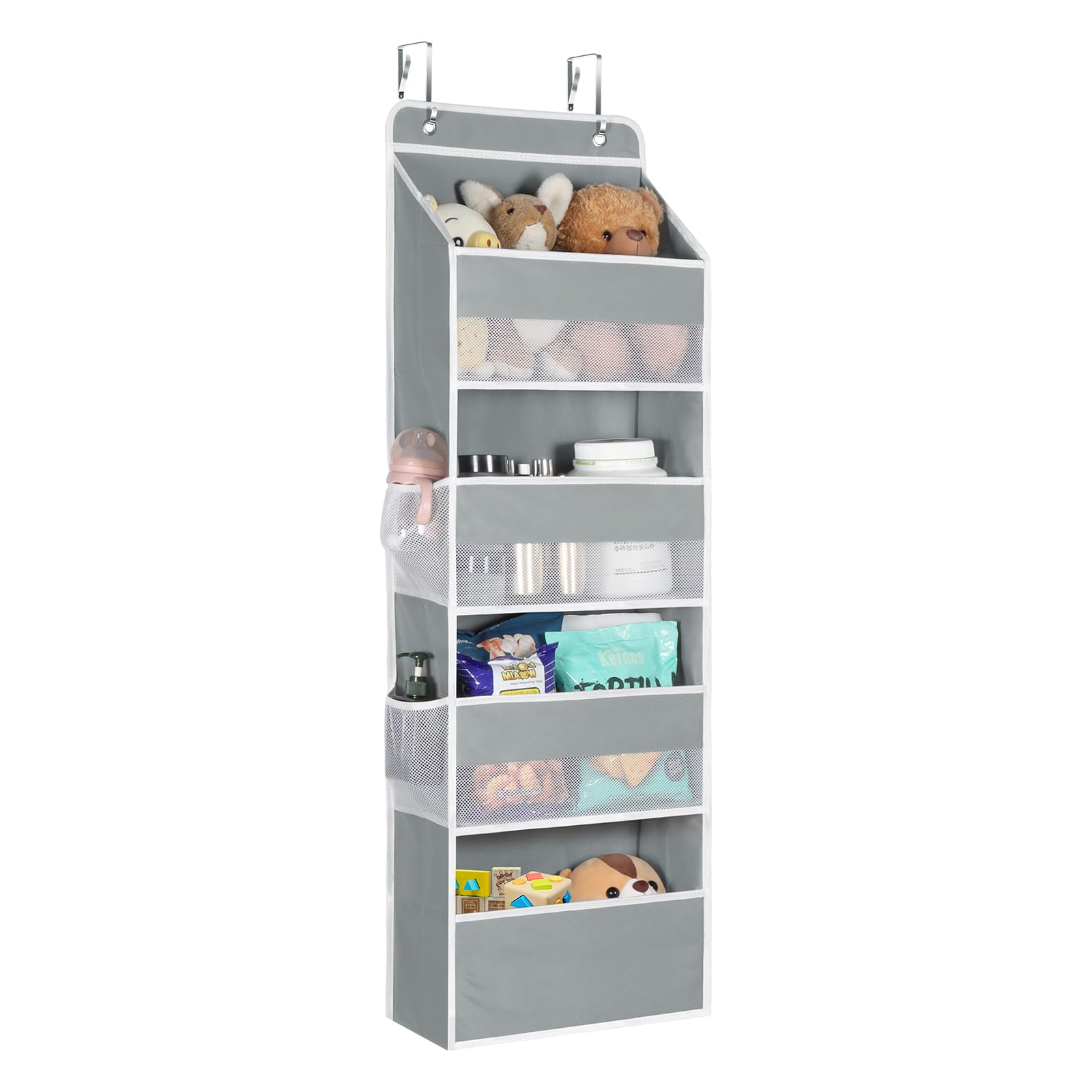 Univivi 4-Shelf Door Hanging Organizer front view shows roomy pockets for bottles and toys.
