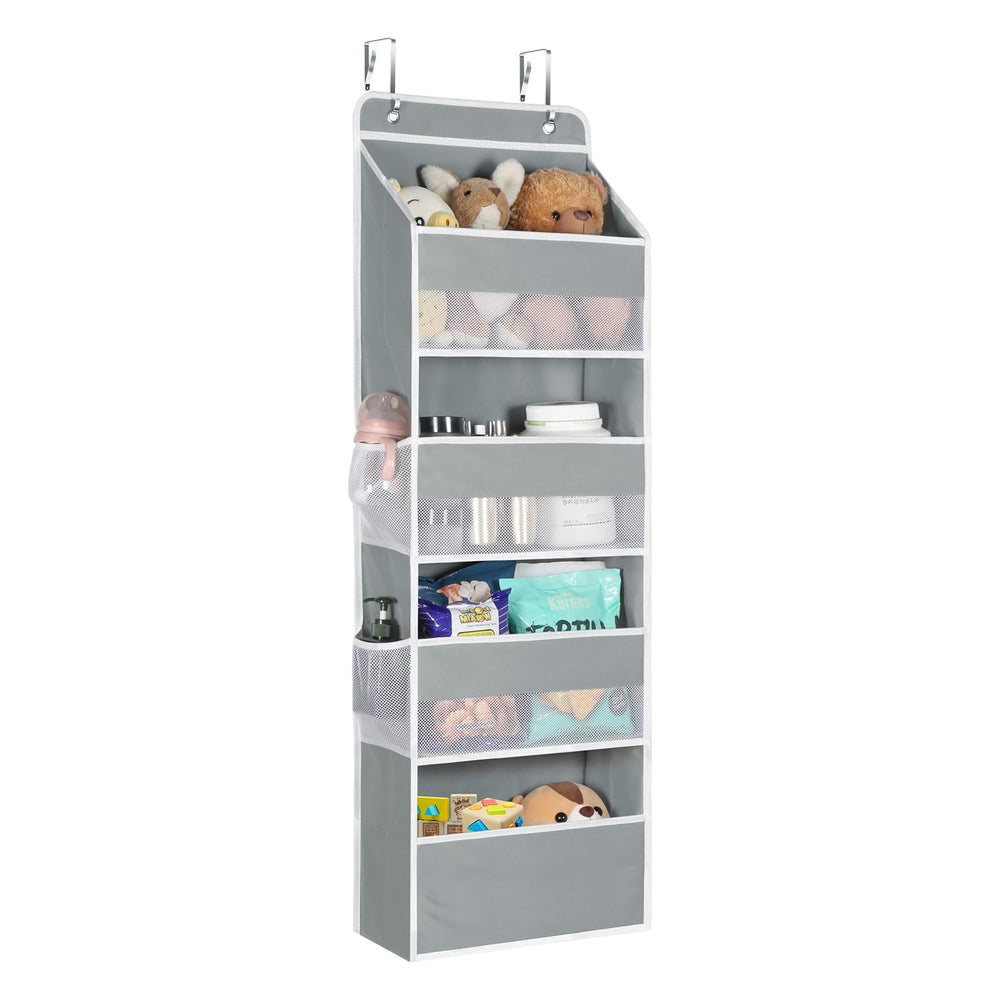 Univivi 4-Shelf Door Hanging Organizer front view shows roomy pockets for bottles and toys.