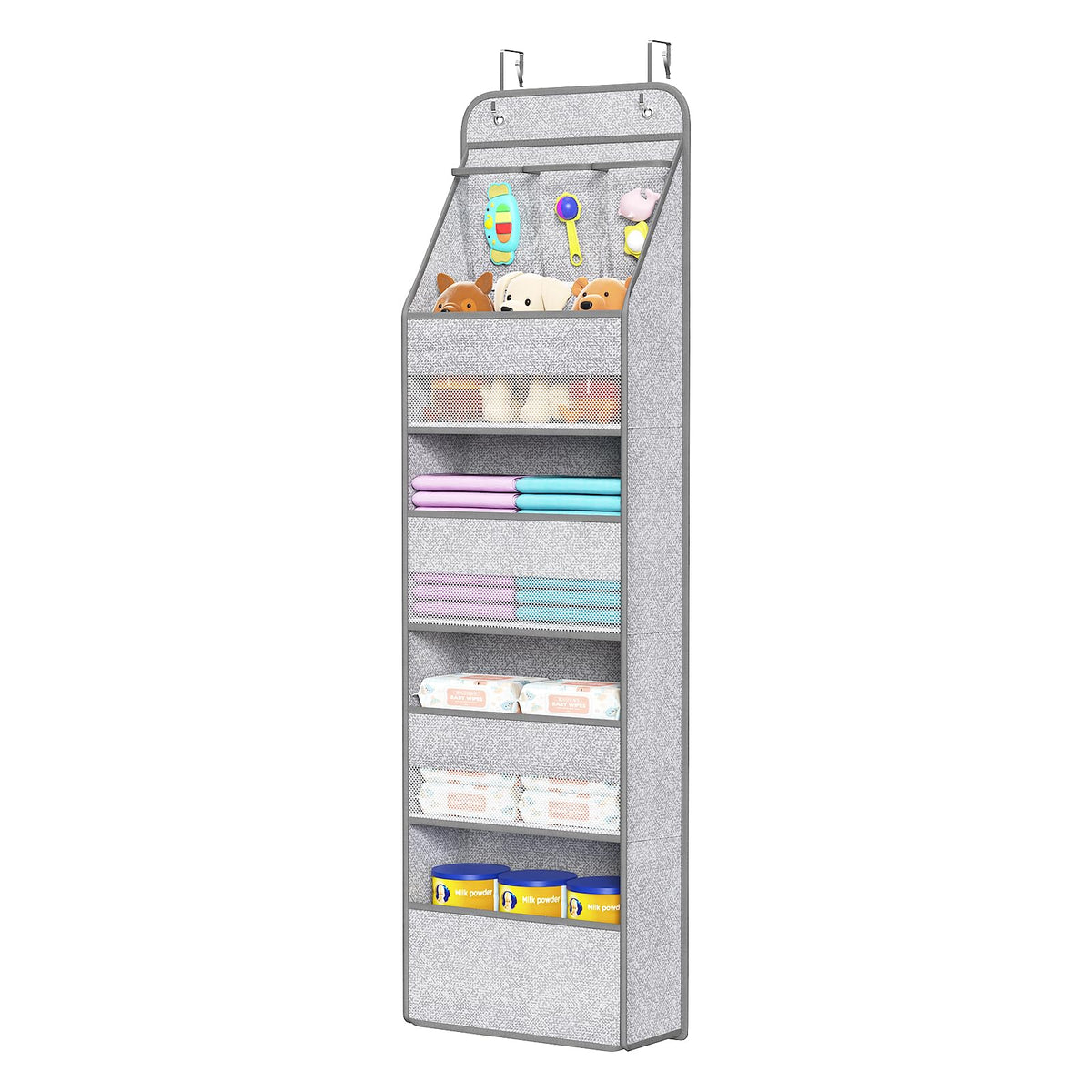 Univivi 5-shelf door organizer hanging over door for compact nursery storage