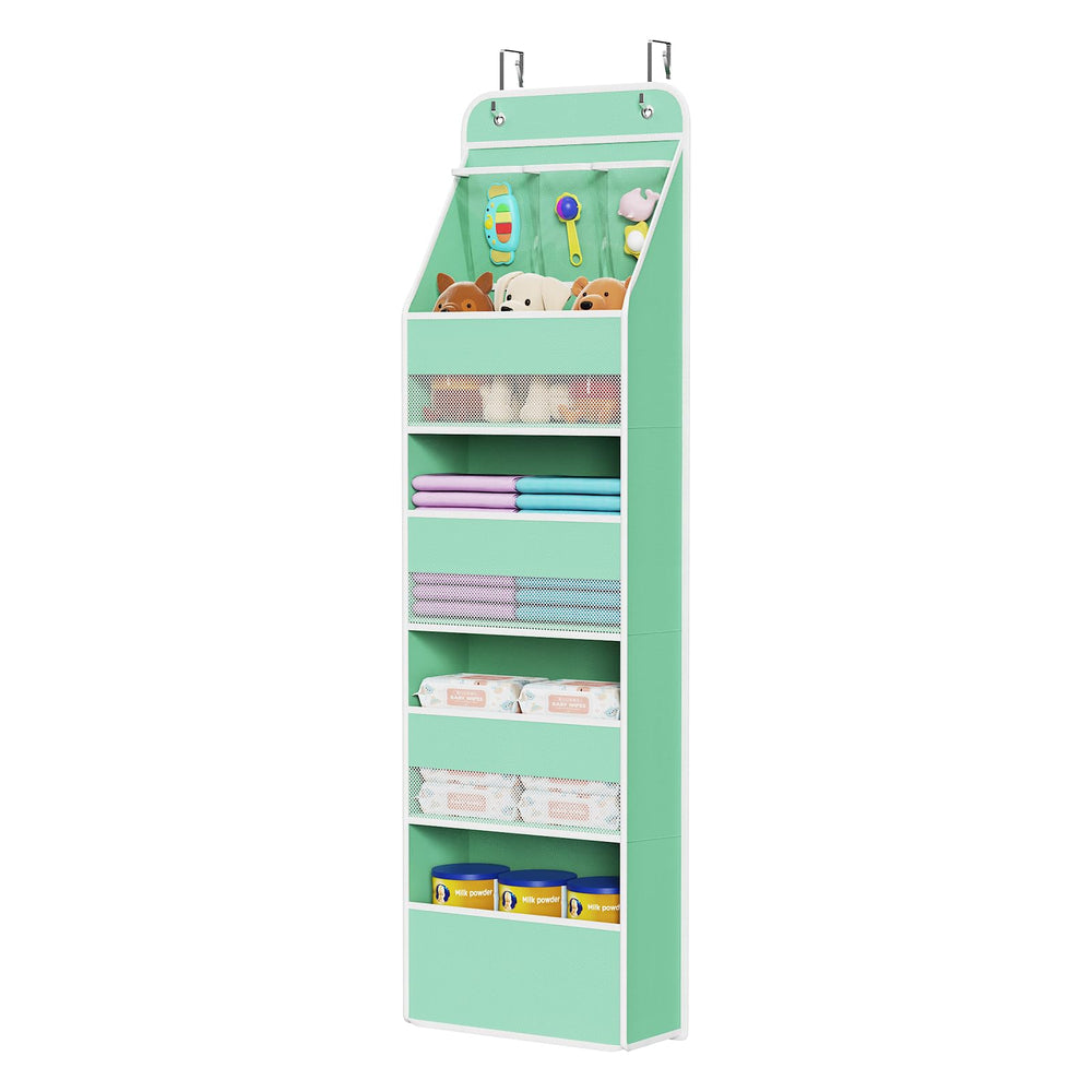 Univivi 5-shelf fabric door organizer in green offering roomy nursery storage at a glance