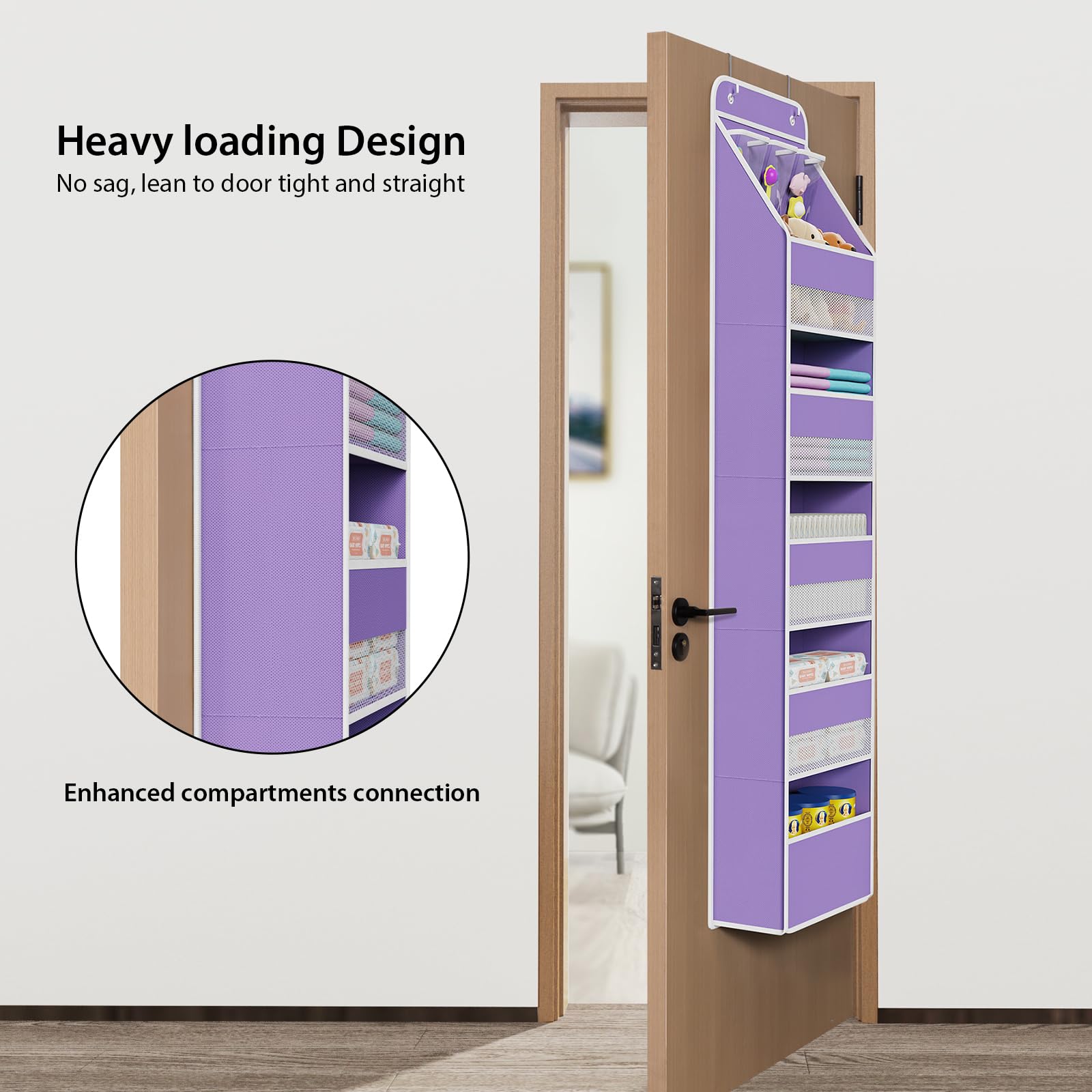Univivi 6-shelf baby door storage pockets large-small—clear organization for bottles and diapers.