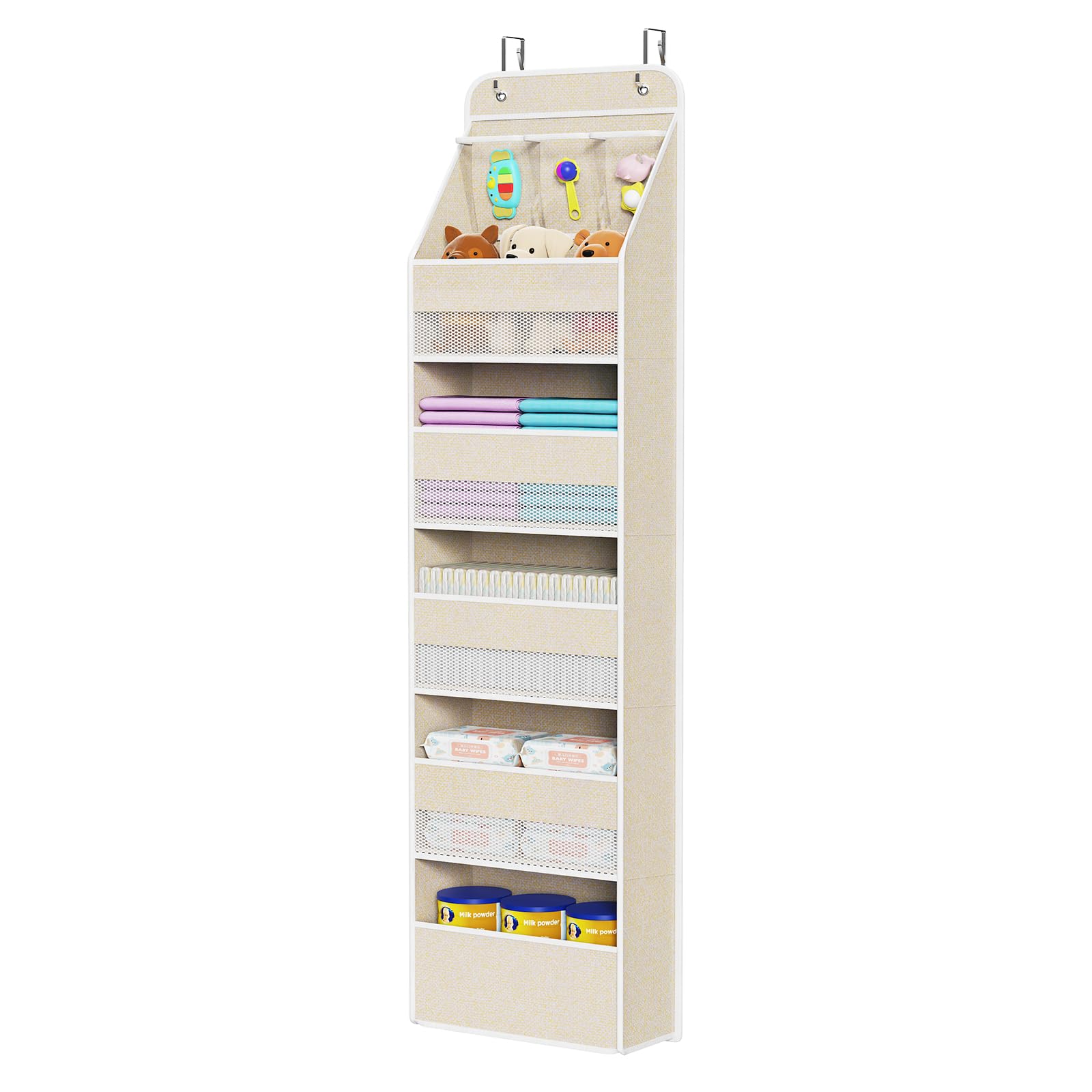 Univivi beige over-door organizer with six shelves for easy nursery storage.