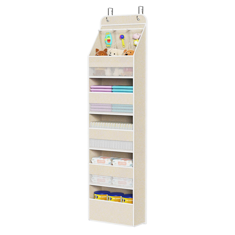 Univivi beige over-door organizer with six shelves for easy nursery storage.