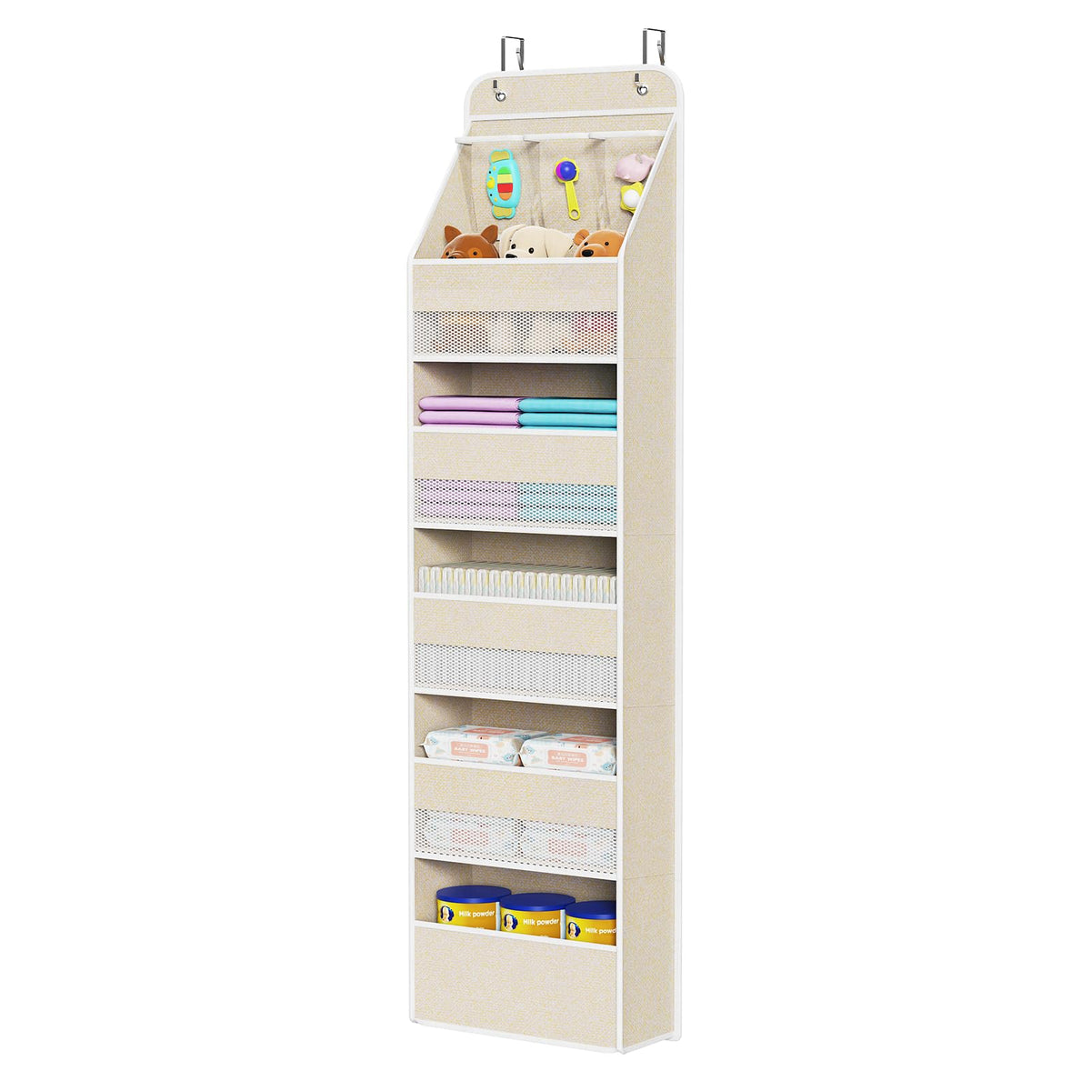 Univivi beige over-door organizer with six shelves for easy nursery storage.