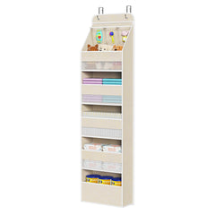 Univivi beige over-door organizer with six shelves for easy nursery storage.