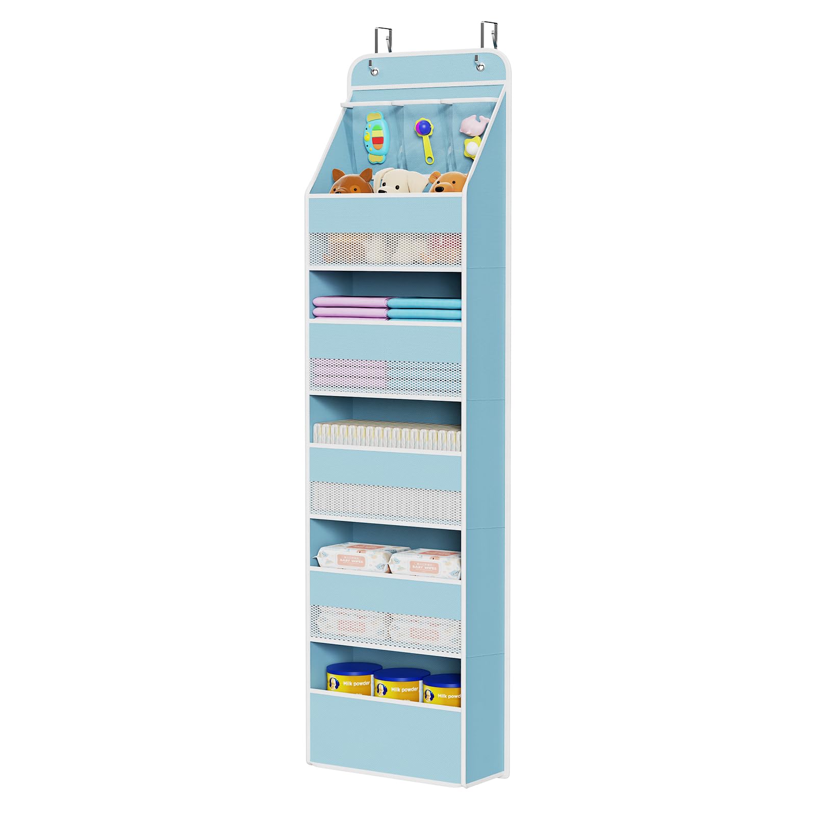Univivi 6-Shelf Over Door Organizer blue front view for tidy baby essentials