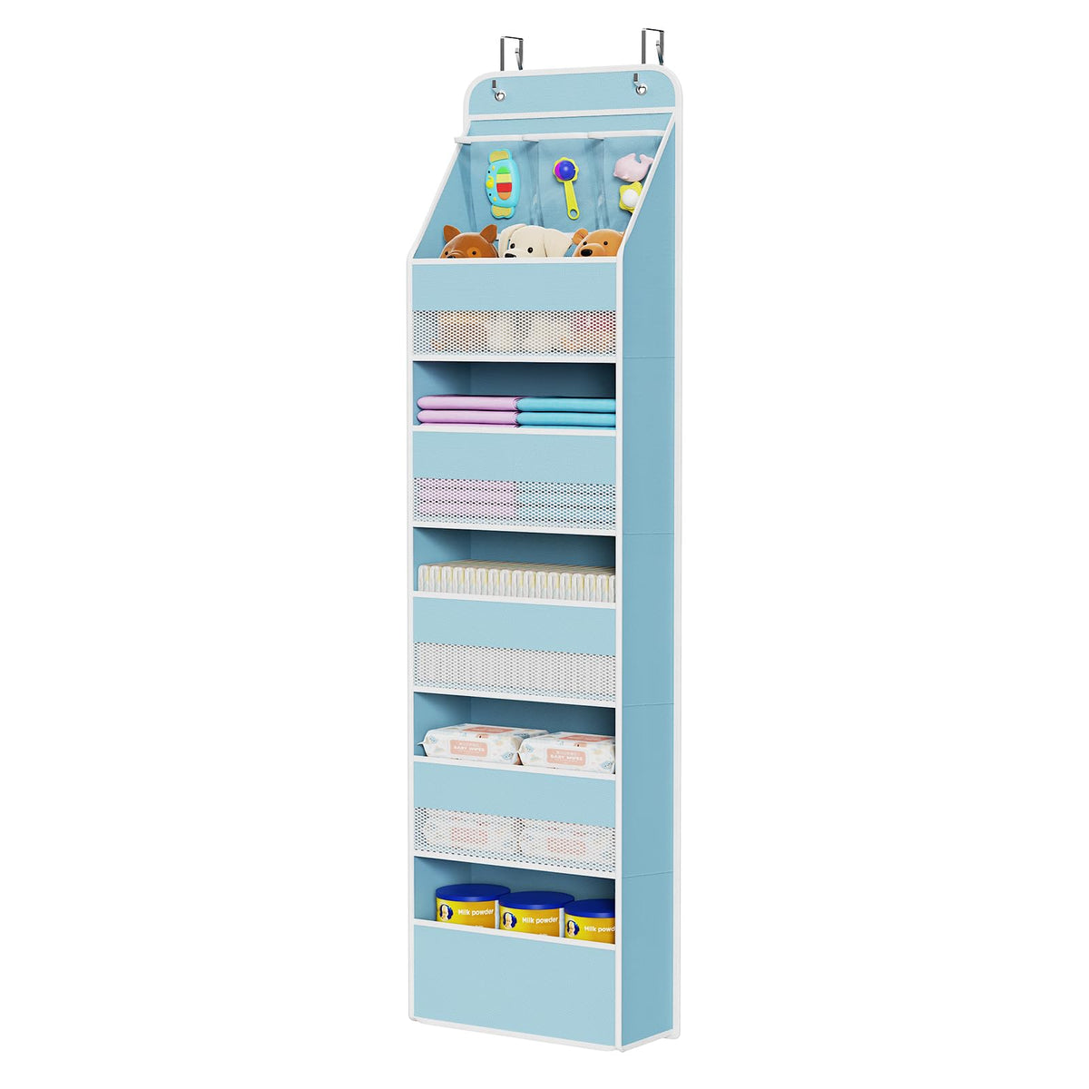Univivi 6-Shelf Over Door Organizer blue front view for tidy baby essentials