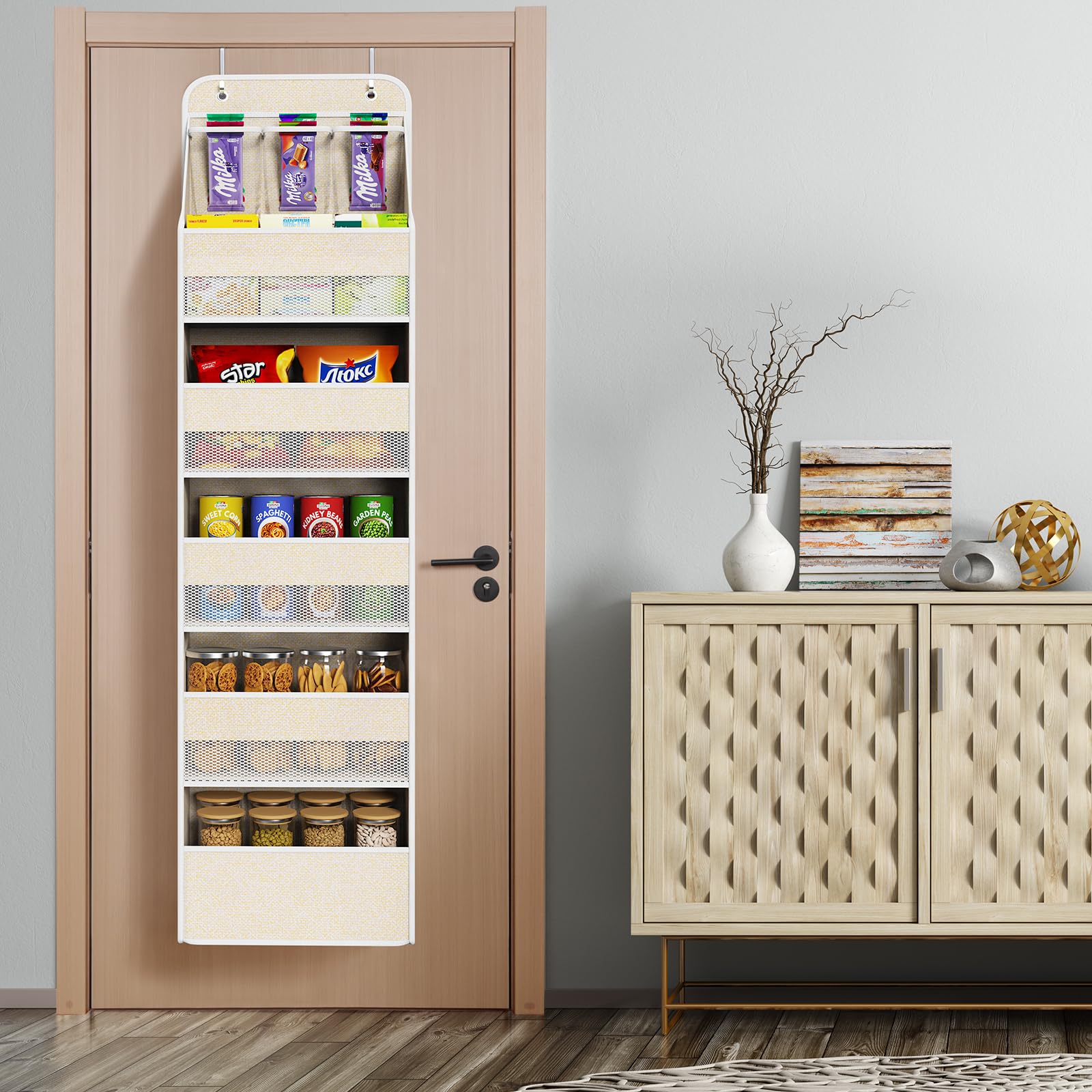 Univivi beige nursery organizer for clutter-free diaper stations and bottles.