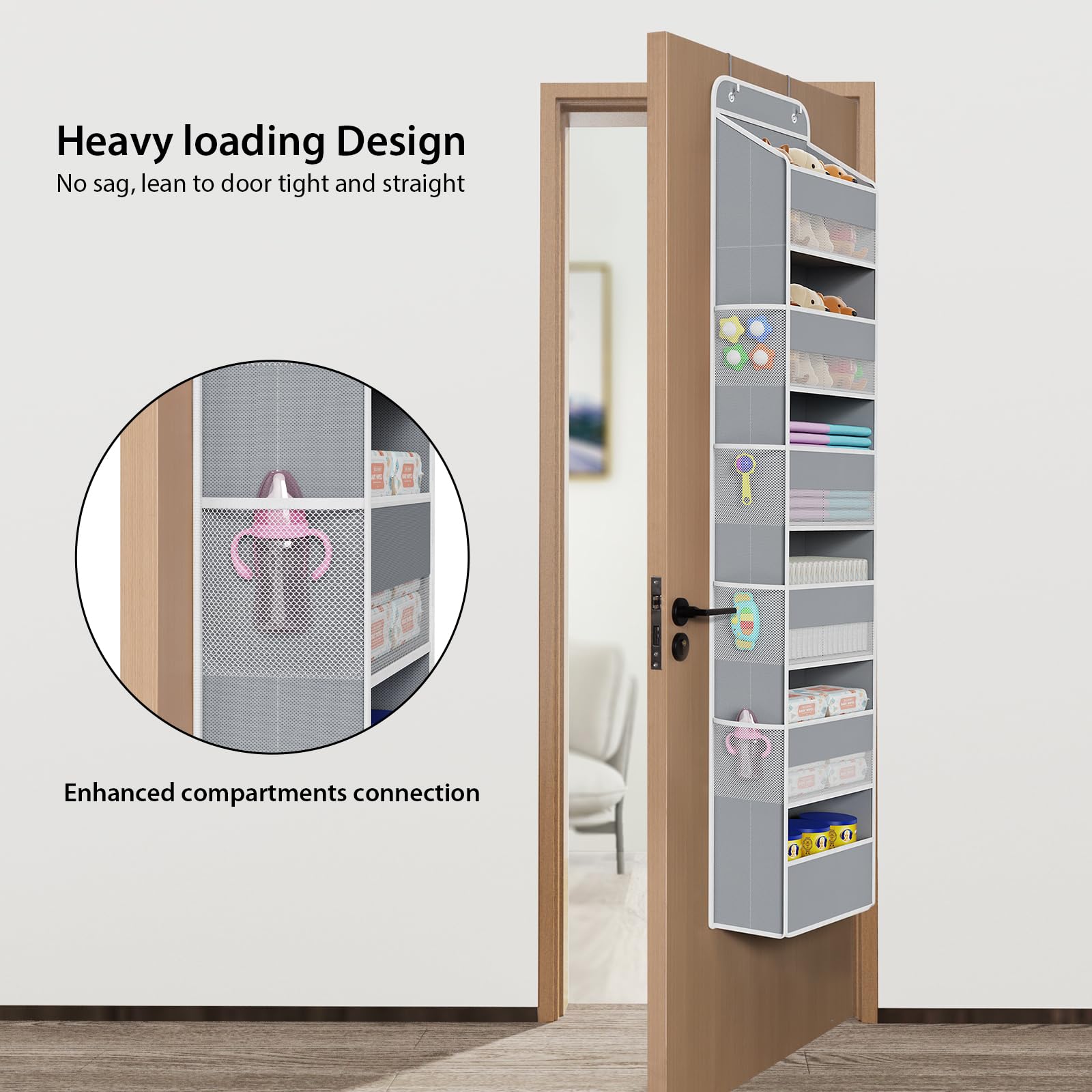 Univivi door hanging organizer closeup shows sturdy bottom support and reinforced sides.