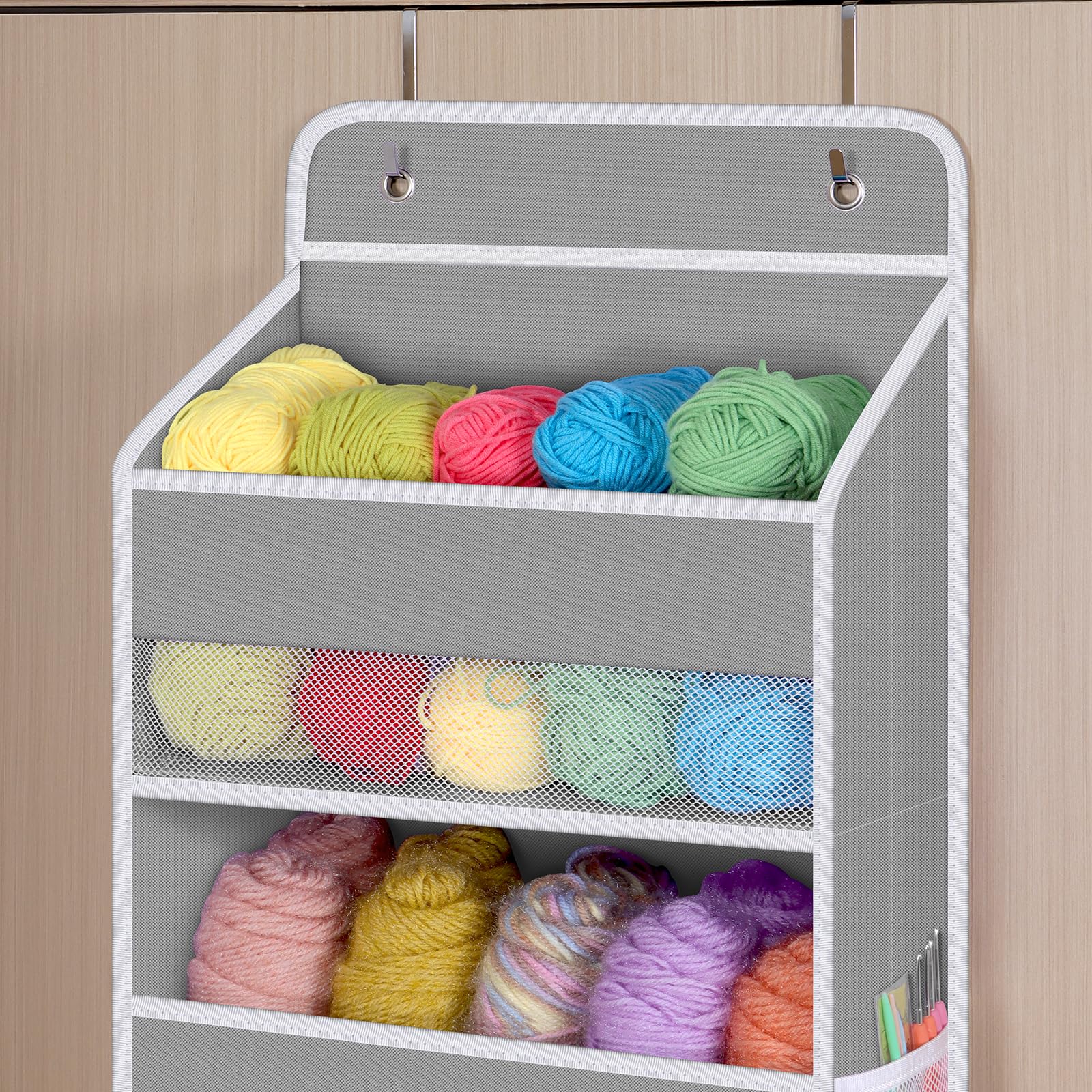 Univivi organizer on bathroom vanity showing 8 side pockets for cosmetics.