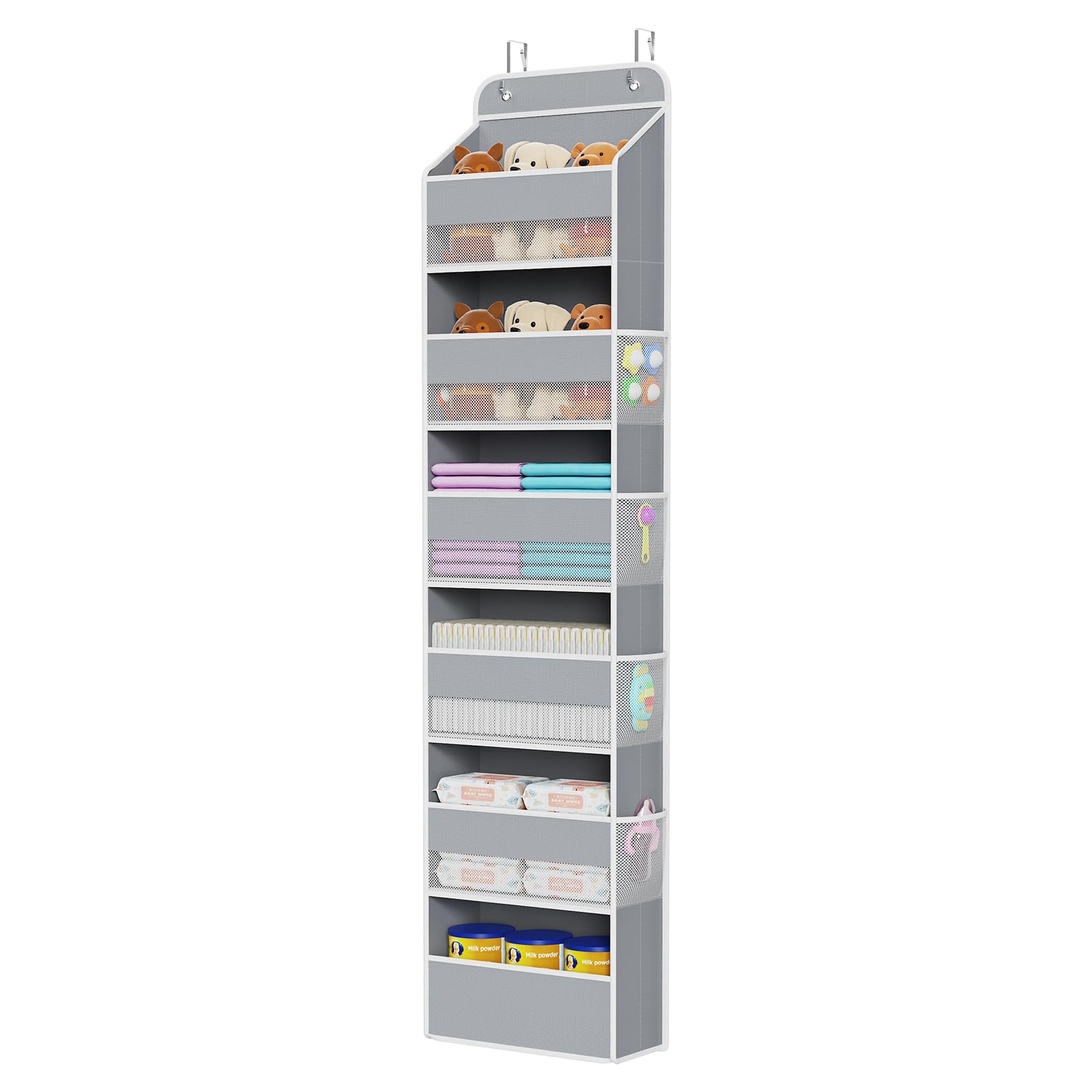 Univivi door hanging organizer on a nursery door with roomy compartments for baby bottles and toys.