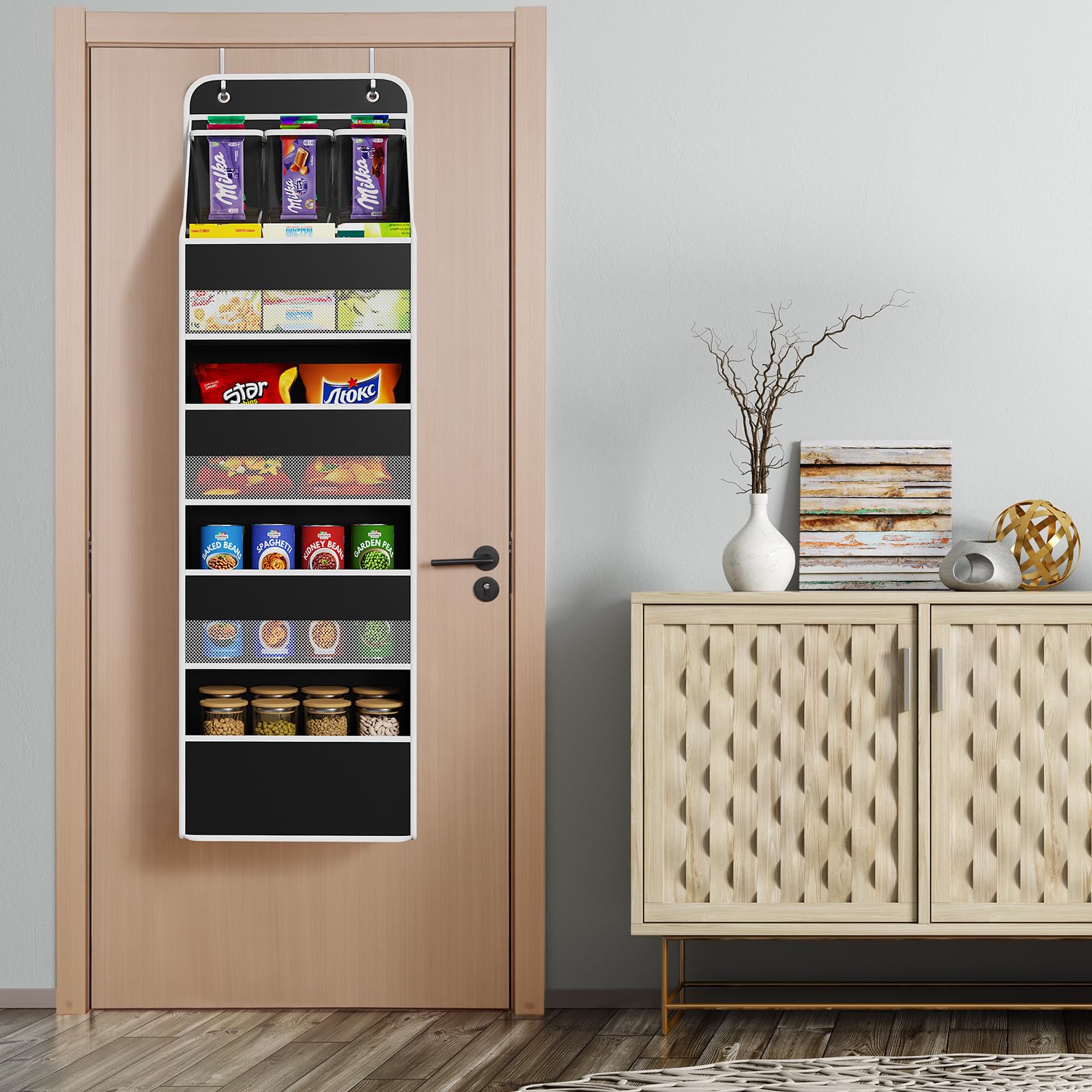 Univivi door organizer in use holding towels, bottles, and baby clothes within reach