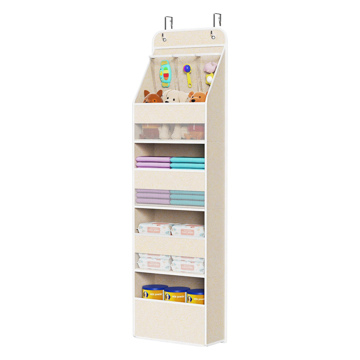 Univivi over-door organizer beige front view showing spacious pockets for baby essentials.