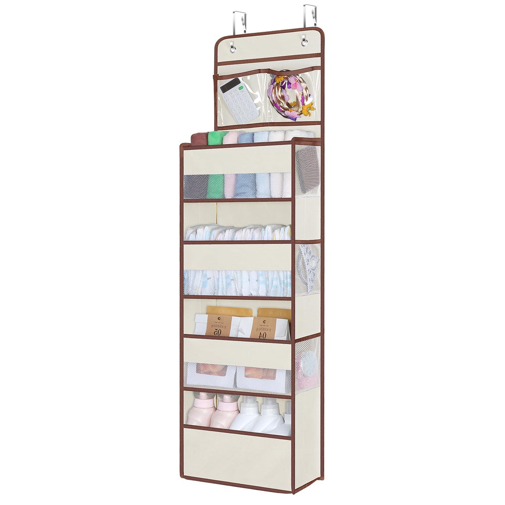 Univivi over-door organizer on door improves nursery organization.