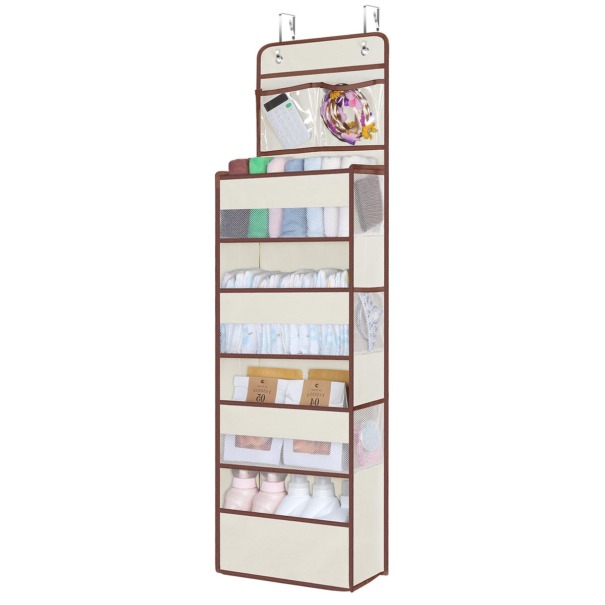 Univivi over-door organizer on door improves nursery organization.