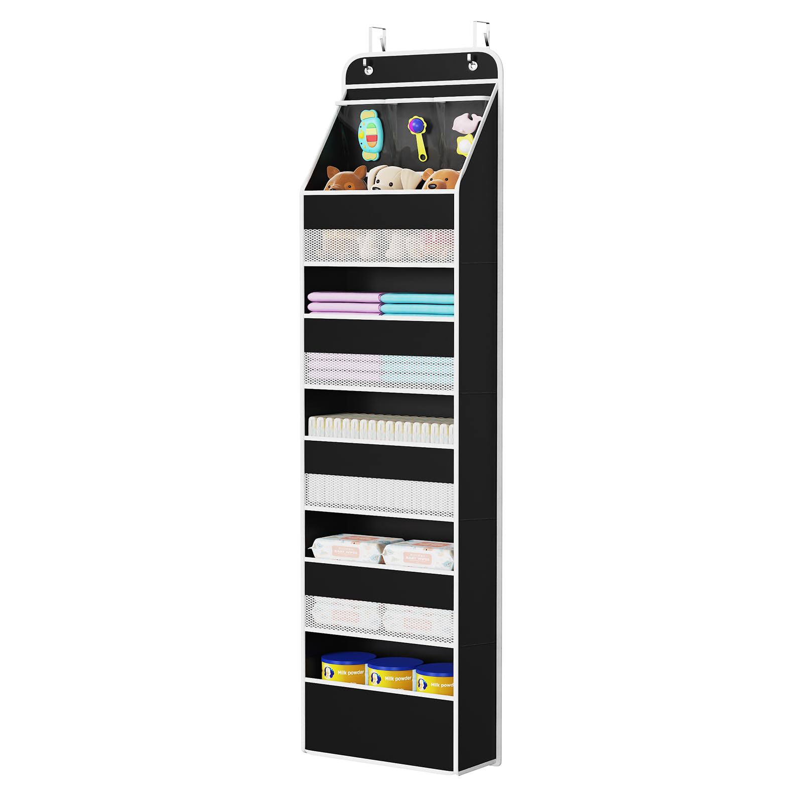 Univivi over door organizer black front view keeps baby items within reach