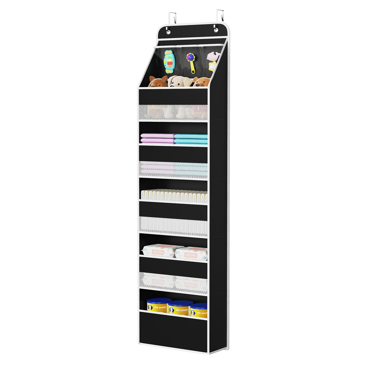 Univivi over door organizer black front view keeps baby items within reach
