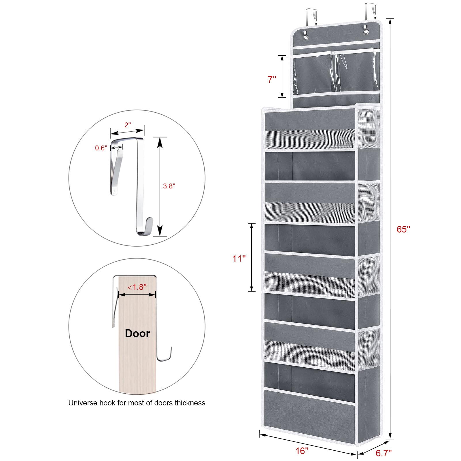 Univivi over door organizer dimensions highlight tall compartments for bottles and lotion.