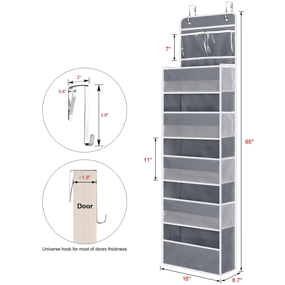 Univivi over door organizer dimensions highlight tall compartments for bottles and lotion.