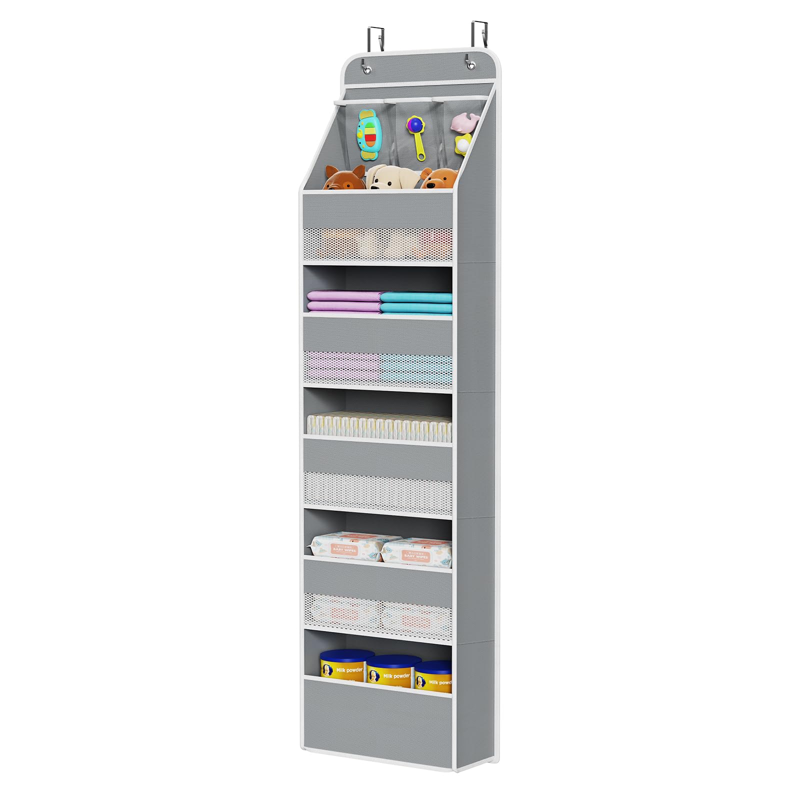 Univivi over-door organizer gray keeps baby essentials neatly stored for quick access.