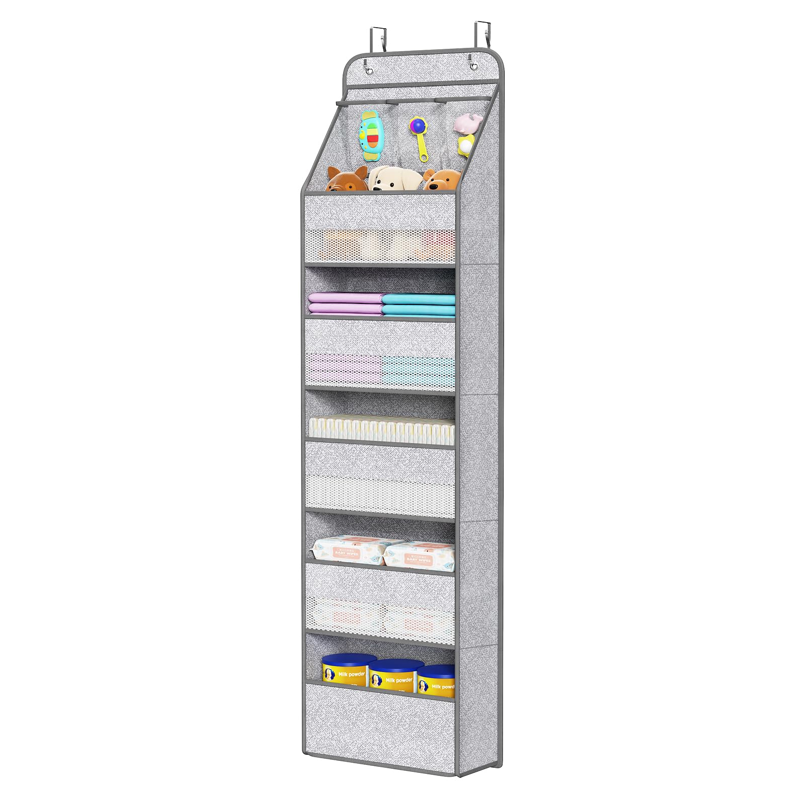 Univivi over-door organizer gray pattern front view showing space-saving design for baby essentials.